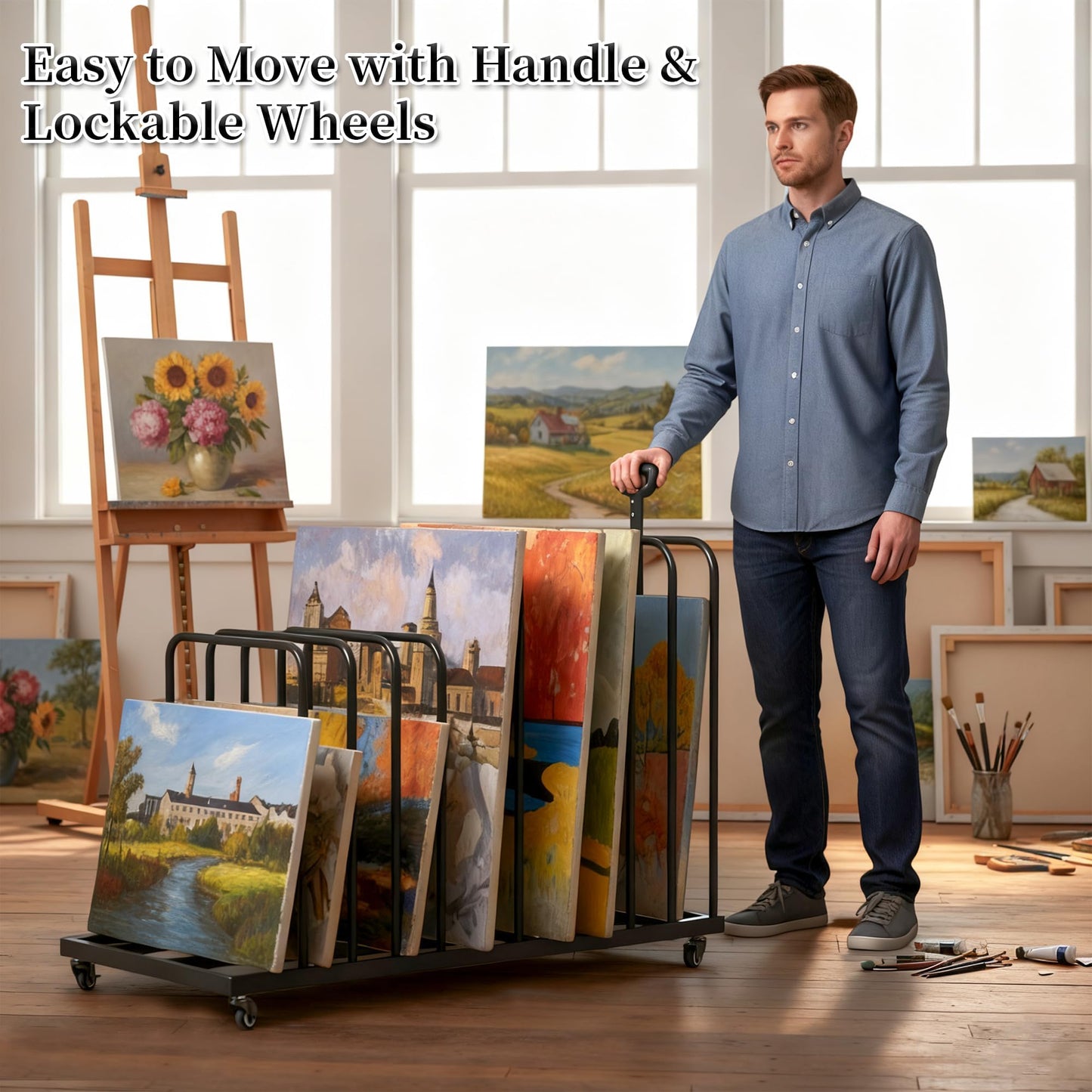 BERPET Heavy-Duty Art Storage Rack with Handle & Wheels, Mobile Metal Organizer for Canvas, Boards, and Artwork – Rolling Art Drying & Display Cart for Studio, Classroom, and Gallery