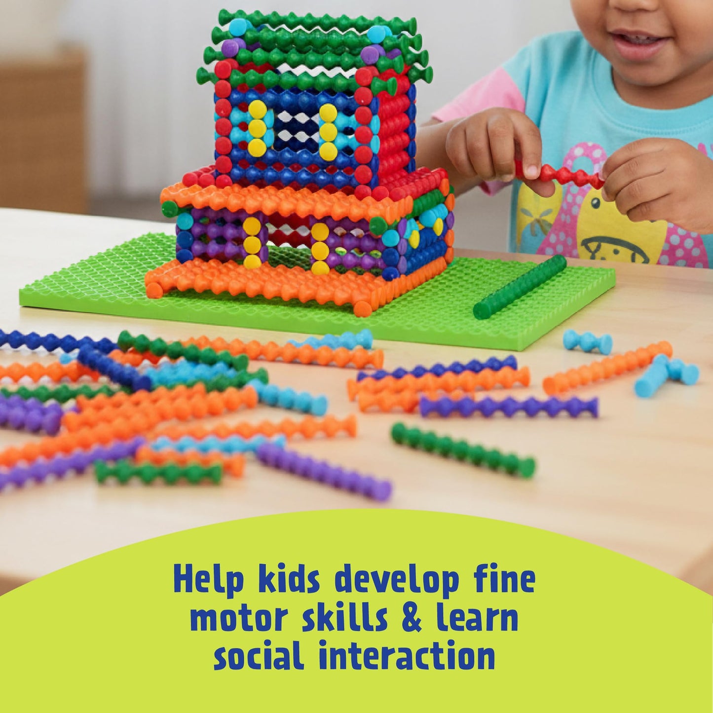 Popular Playthings Playstix Construction Toy Set with Building Sticks for STEM and Classroom Use, for Kids Ages 4 and Up - Green Building Base