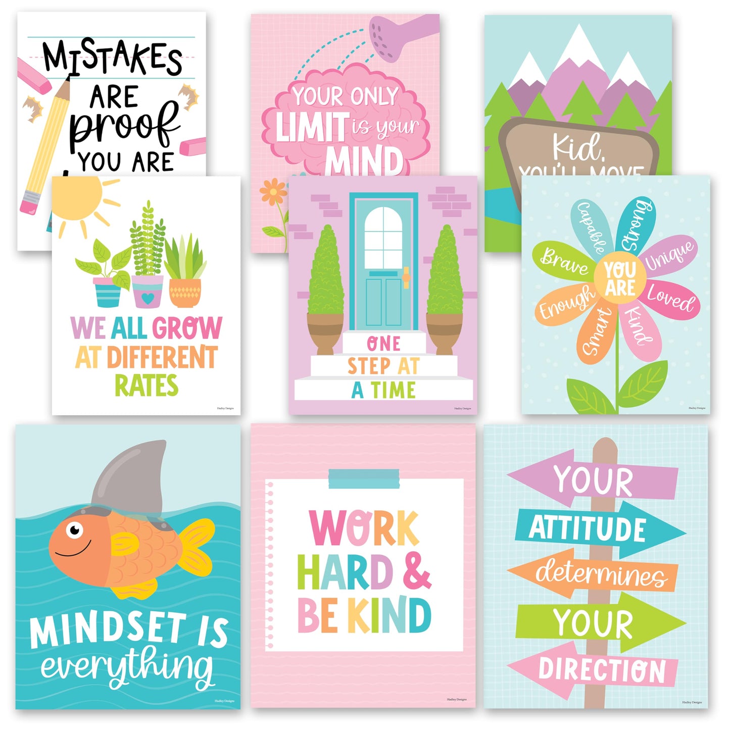 Hadley Designs Motivational Poster for Classroom Decor - 9 Growth Mindset Classroom Posters Elementary, Inspirational Wall Decor Middle School, Teacher Must Haves, Pastel Bulletin Board Decorations