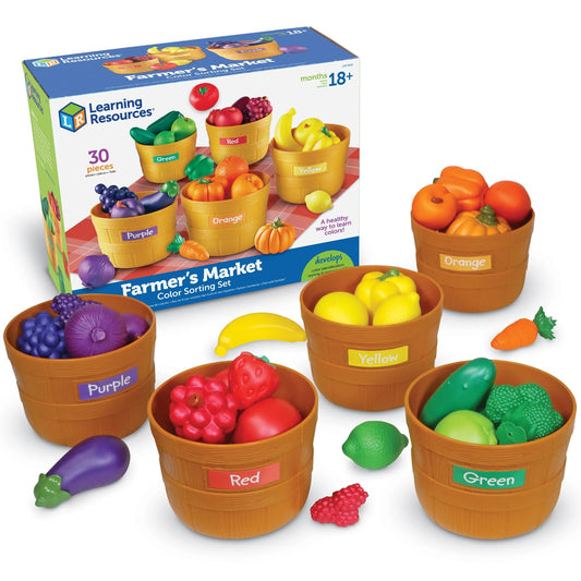 Learning Resources Farmer's Market Color Sorting Set - Pretend Play Food Sets for Kids Kitchen, Color Sorting Toys, Plastic Fruit and Vegetable Toy for Kids Kitchen Set, Play Food for Toddlers 1-3