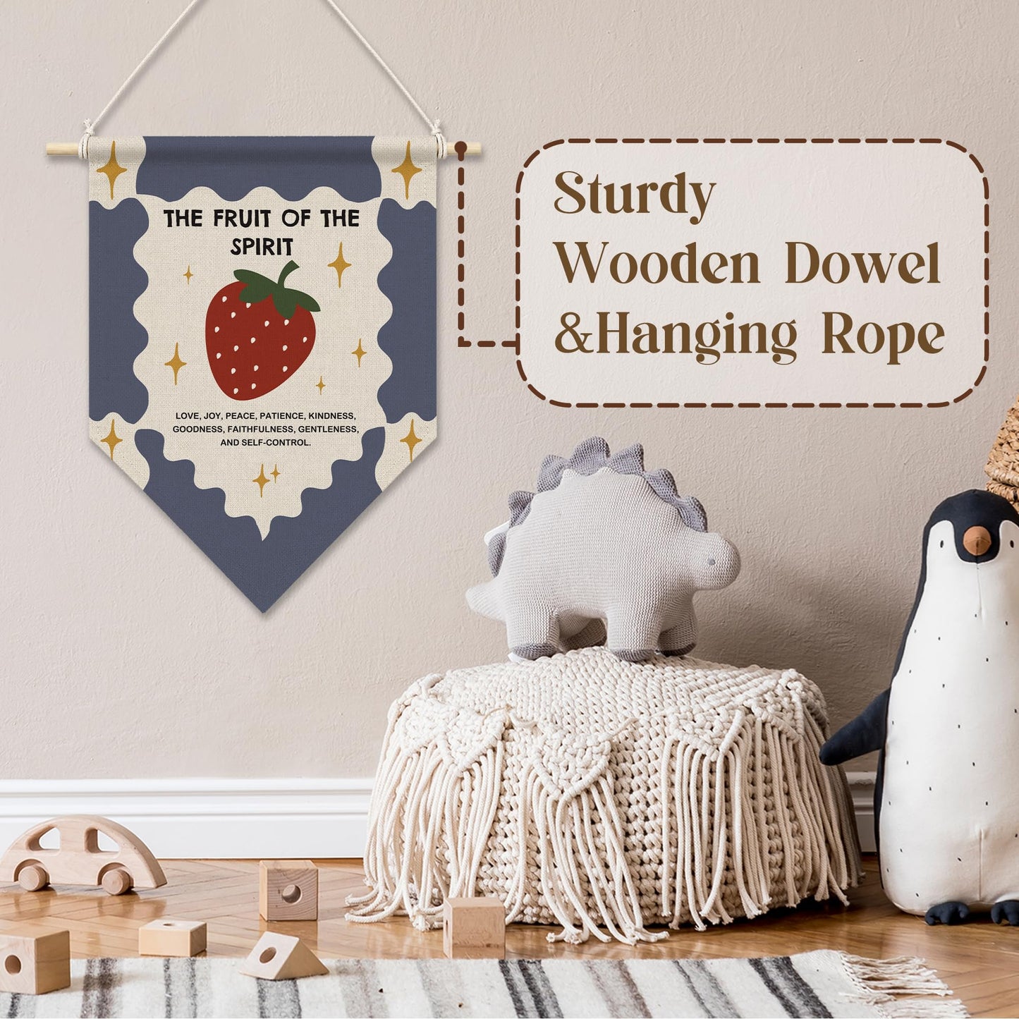 RUKUPA Christian Strawberry Wall Art Decor, the Fruit of the Spirit Bible Verse Hanging Pennant Flag, Religious Wall Art Poster Hanger for Home Bedroom Living Room Kitchen Girls Room Decor, 11x15 Inch