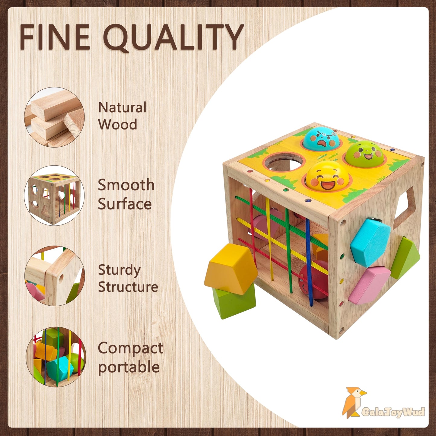 GalaJoyWud Wooden Activity Cube for Baby,Shape Sorters for Toddlers 1-3, Developmental Toy with Bead Maze, Hammer Pounding & Sensory Blocks, Gift for Boys and Girls