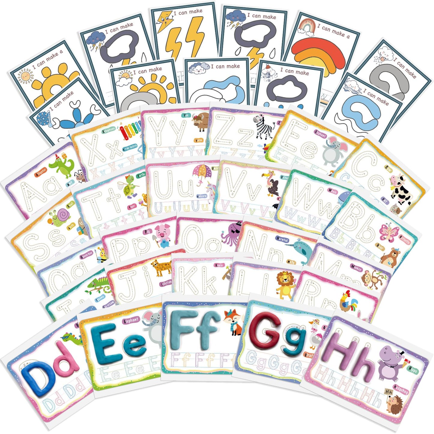 Ireer 36 Pcs Alphabet & Weather PlayClay Mats for Kids Activity Card for Clay Preschool Number Alphabet Animal Shape Learning Activity Games for Classroom Home Educational Supplies