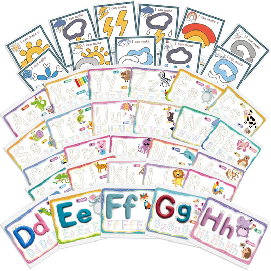 Ireer 36 Pcs Alphabet & Weather PlayClay Mats for Kids Activity Card for Clay Preschool Number Alphabet Animal Shape Learning Activity Games for Classroom Home Educational Supplies