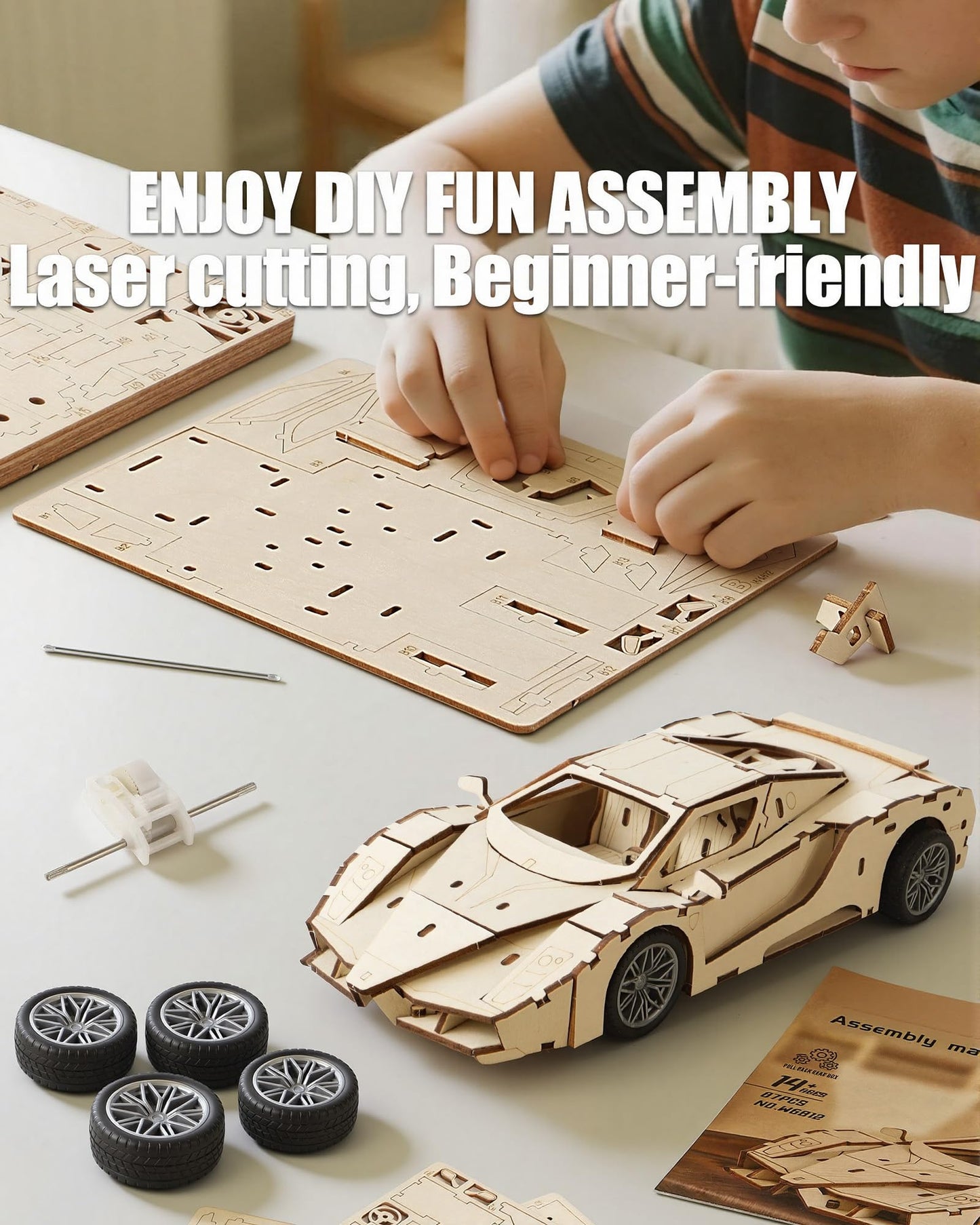MOCBURIKU 3D Wooden Puzzles Model Car Kits to Build for Adults, Beginner-Friendly Pull Back Sport Car Building Toys, Wood Craft Gift for Boys and Men on Birthday Christmas