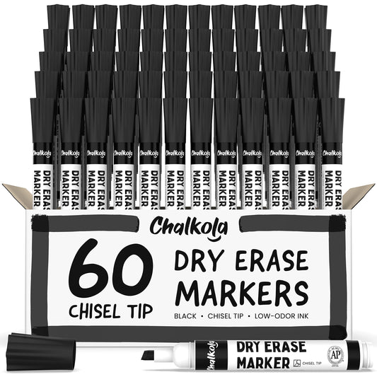Chalkola 60 Black Dry Erase Markers Bulk Pack, Black Chisel Point White Board Marker Dry Erase Pens - Low Odor Whiteboard Markers for Kids, Home, Office, Back to School Supplies