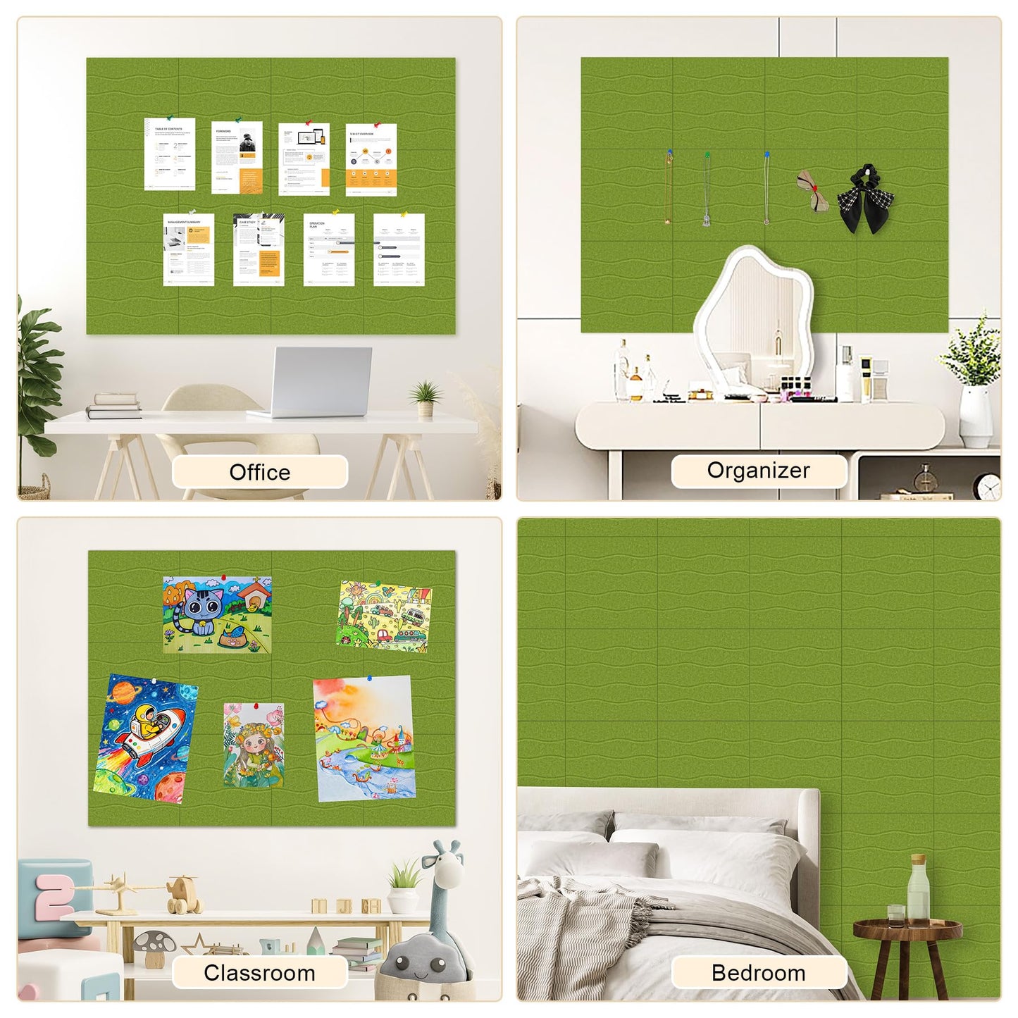 AKONEGE Felt Bulletin Board Tiles 12 Pack, 48" x 36" Cork Board Alternative, DIY Pin Board Wall Tiles for Photo Wall, Vision Board, Room & Home Office Decor, Stick-On with Adhesive Tabs, Forest Green