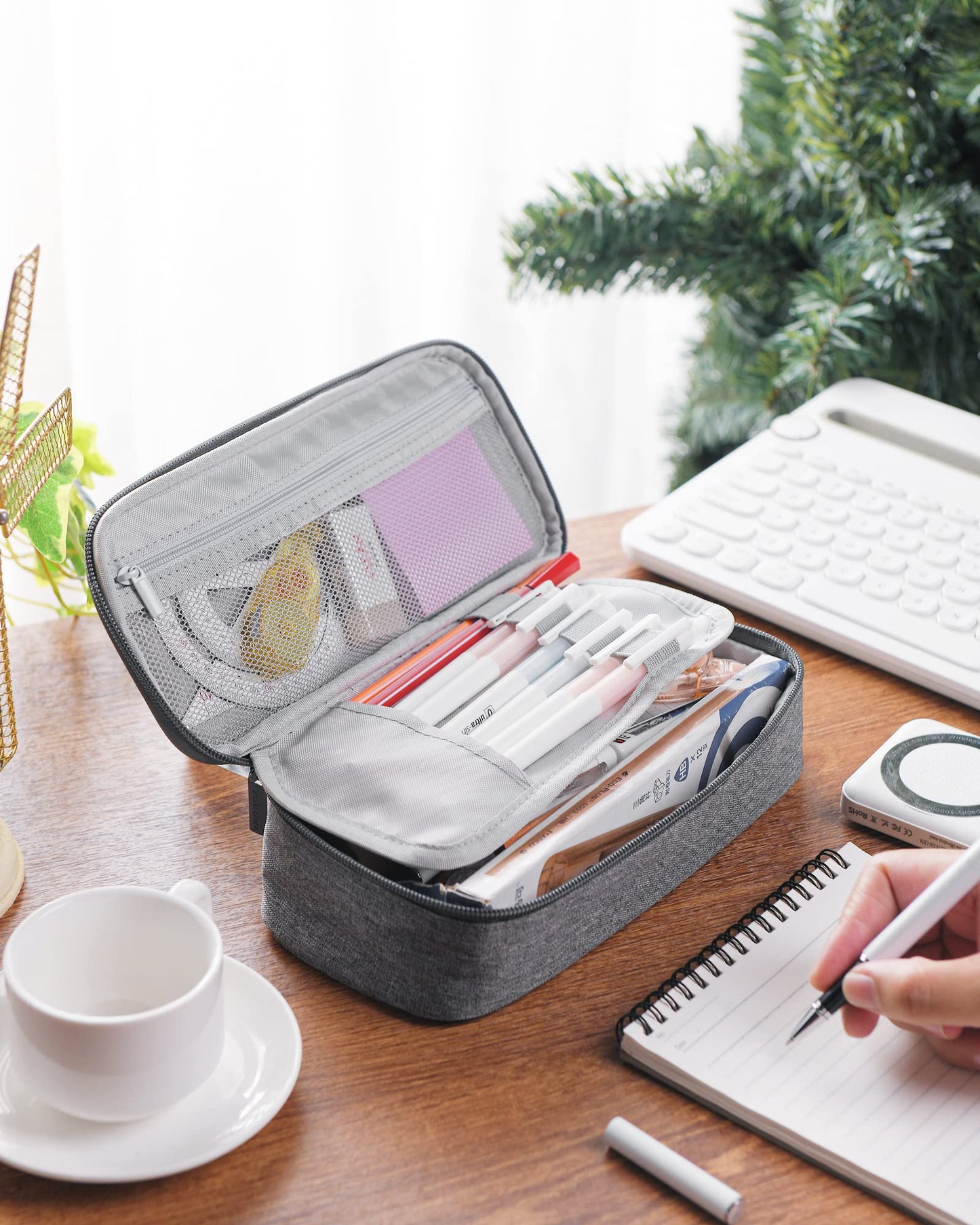 YOKUMA Pencil Case,Large Capacity Pencil Pouch,Aesthetic Zipper Pencil Box, Back to School Supplies for College Students Teen Adults,Travel Essentials,Electronic Cable Organize (Grey)