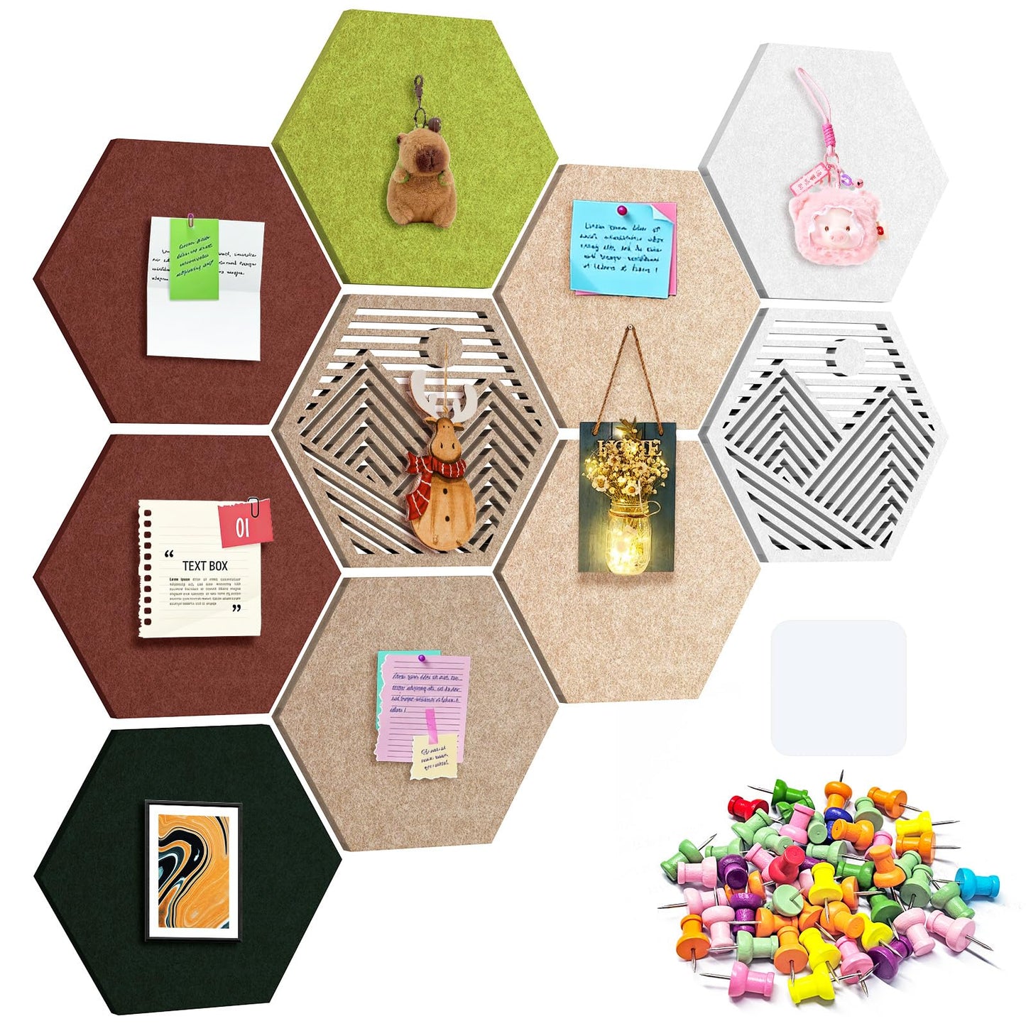 Ghegicu 10PCS 11.8" Large Hexagon Felt Cork Board Tiles, Geometric Modular Bulletin Boards with 50 Pushpins, 35 Adhesive Tabs for Office School Home Wall Decor Stickers Memos Photos Display (Hexagon)