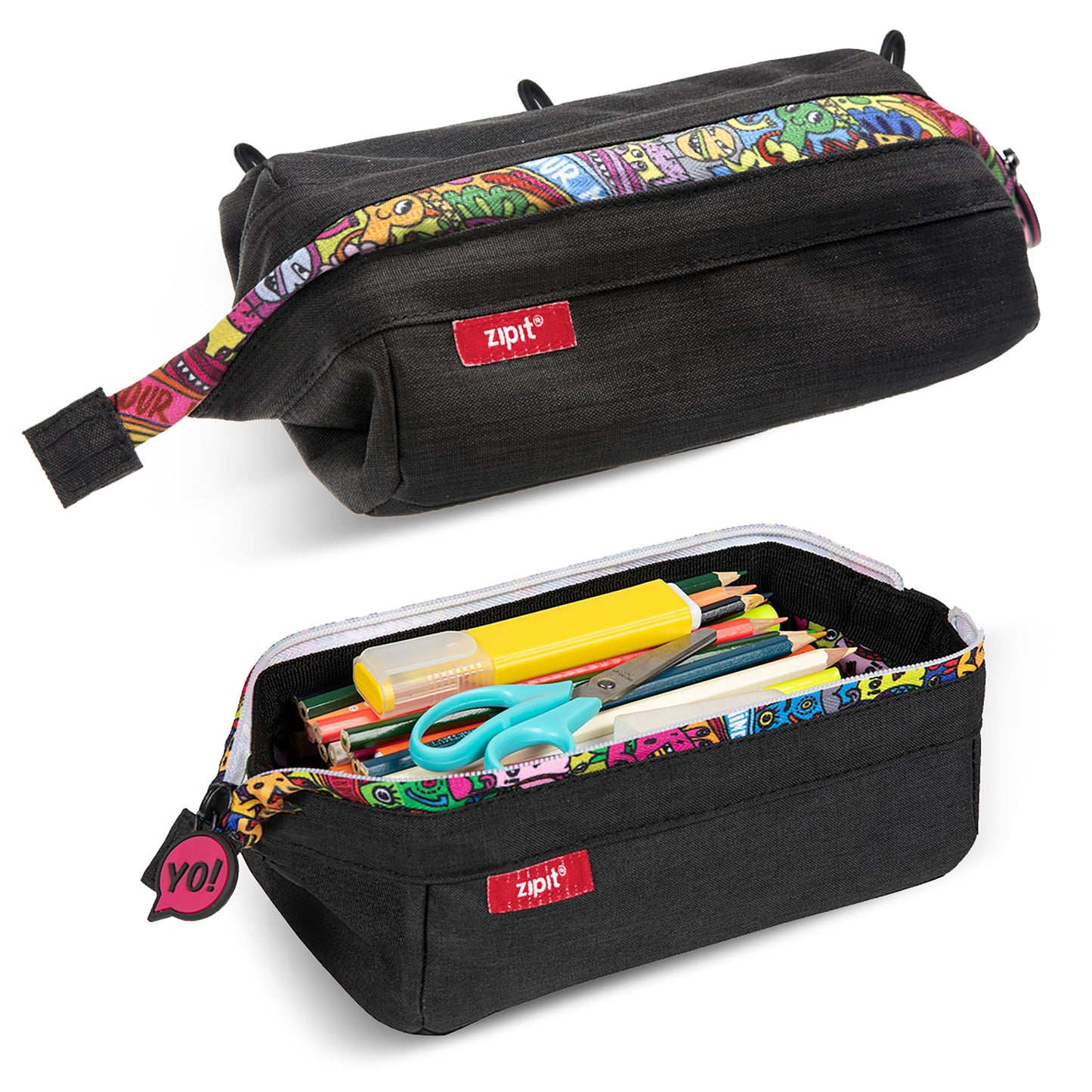 ZIPIT: Lenny Pencil Case - Black & Doodles - Large Storage Capacity Zipper Pouch, Makeup-Stationery Bag, School, Washable Polyester, Kids-Teens-Adults