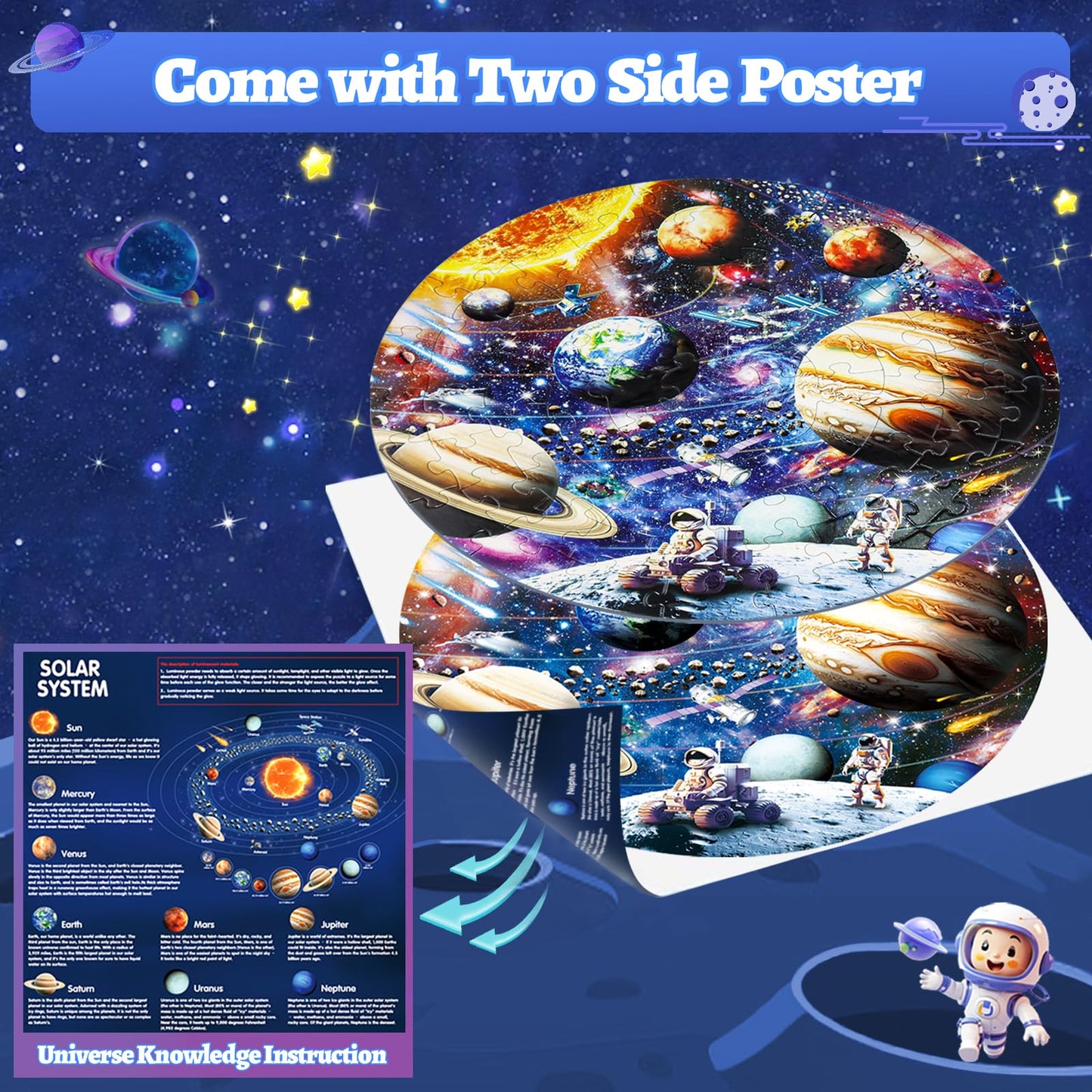 Glow in The Dark Solar System Jigsaw Puzzles for Kids Ages 4-8, 70 Pieces Kids Space Planet Floor Puzzle Toys Ages 8-10, Large Round Educational Puzzle Toys Easter Gifts for Kids Boys Girls