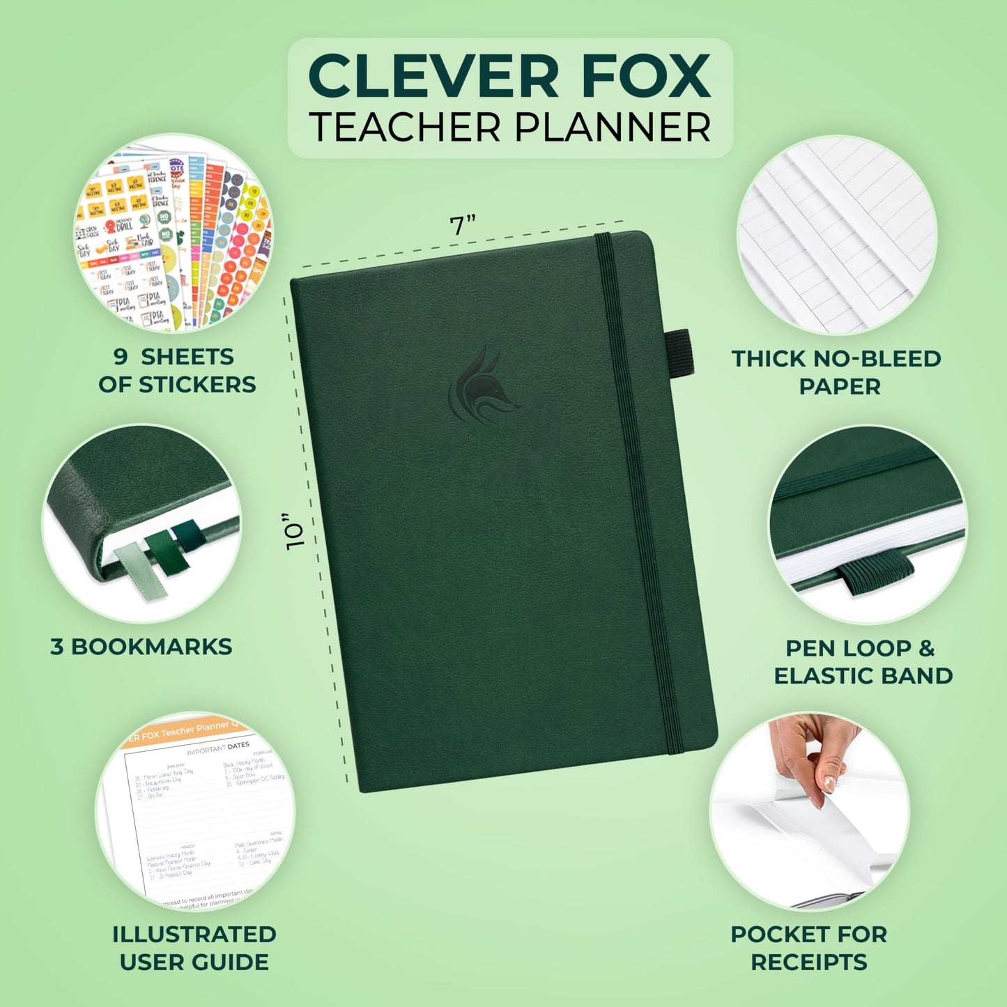 Clever Fox Teacher Planner – School Year Planner with Calendars & Lesson Plans – Teacher Plan Book for Classroom & Homeschool Organization - Undated, 7x10″, Hardcover (Dark Green)