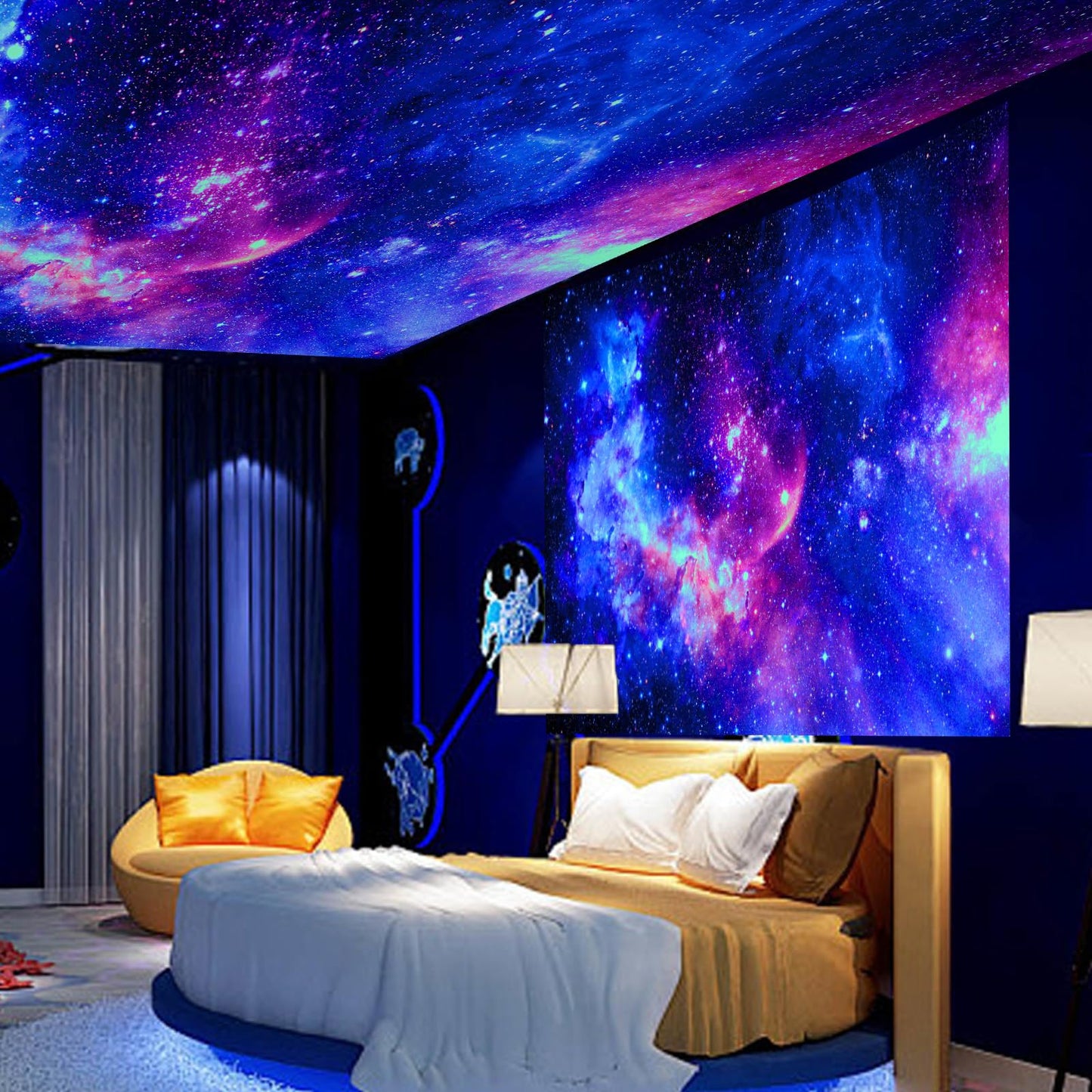 Blacklight Galaxy Tapestry for Bedroom Aesthetic Space Starry Sky Stars Universe Backdrop Black Light Poster Decor Wall Hanging Glow in the Dark Tapestry for Living Room Dorm Home Decoration(51"X60")