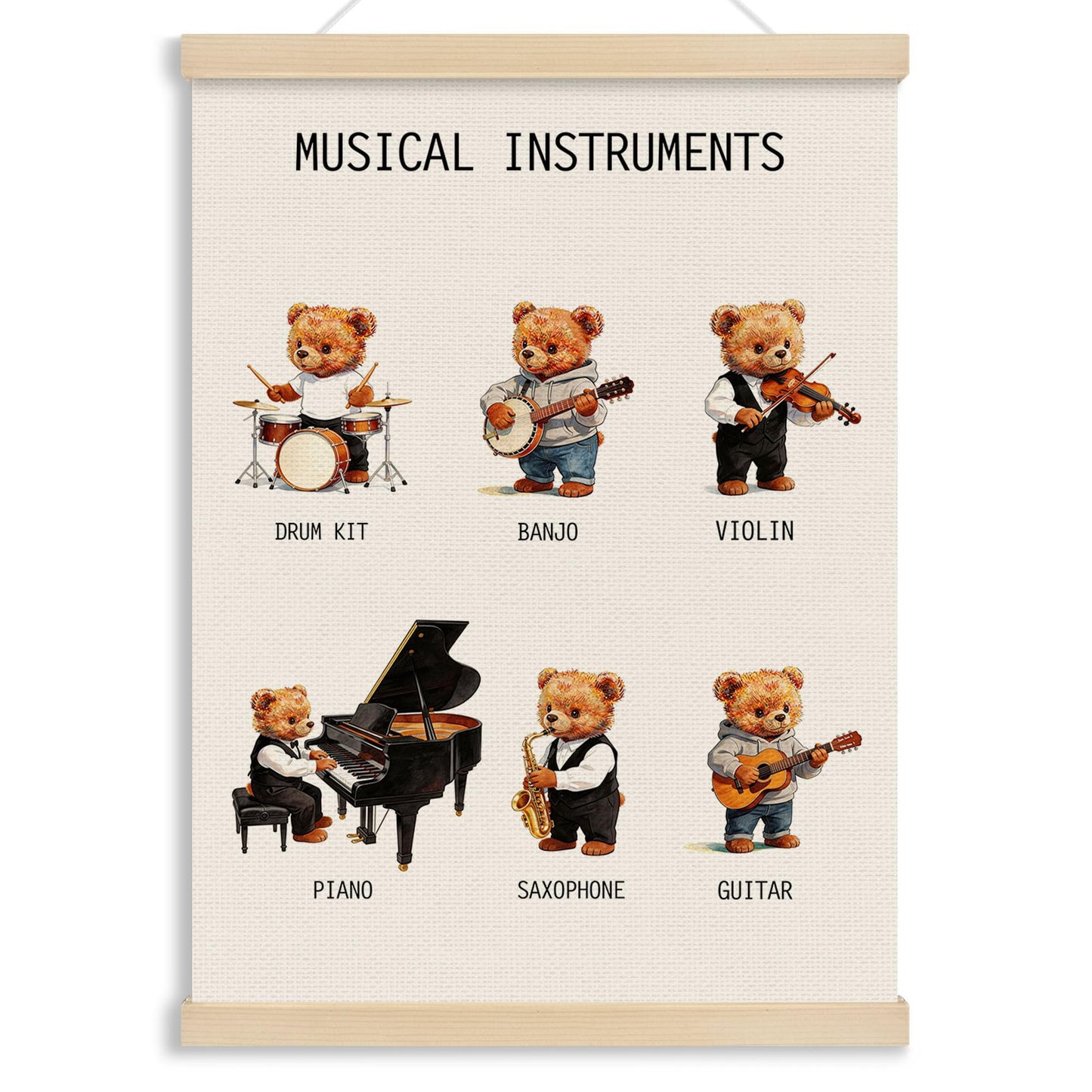 MOTERMATE Musical Bear Nursery Classroom Poster Hanger Frame, Musical Instruments Educational Wall Hanging Decor Art Framed for Kids Nursery Room, Music Educational Wall Poster Prints, 12x16 Inch