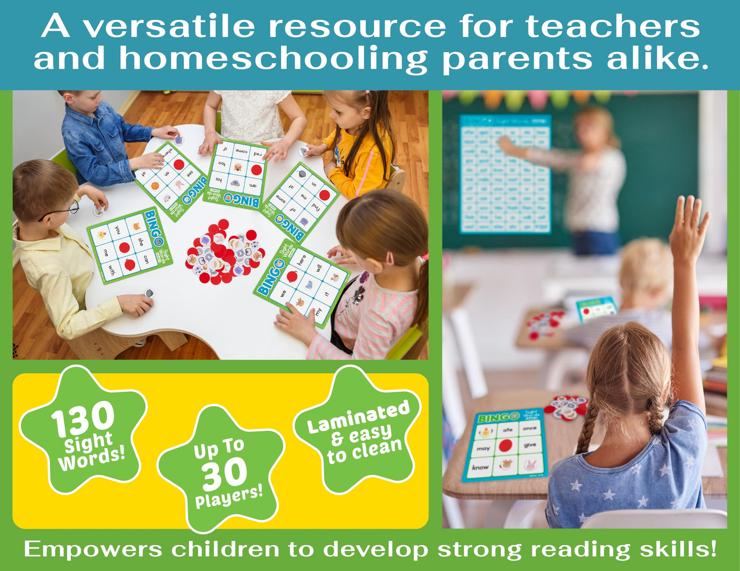 Bright Seed Sight Words Bingo Game for Kindergarten, Learn to Read Sight Word Cards, Word Games for Kids Ages 4-8, Bingo Sight Words Level 1&2, Laminated for Easy Clean