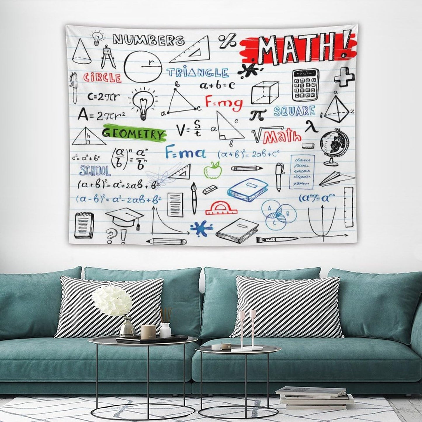 DDCBNS Math Symbols Tapestry,Funny Equations Geometry Function Print Educational Tapestry Wall Hanging Home Décor for Study Classroom Bedroom Living Room Office 80" x 60"