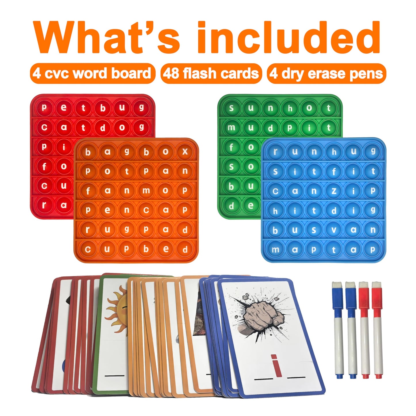CVC Learning Pop Fidget Set with Flash Cards - Educational Spelling and Reading Game for Preschool and Kindergarten, Includes Colorful Erasable Pens and Fidget Boards