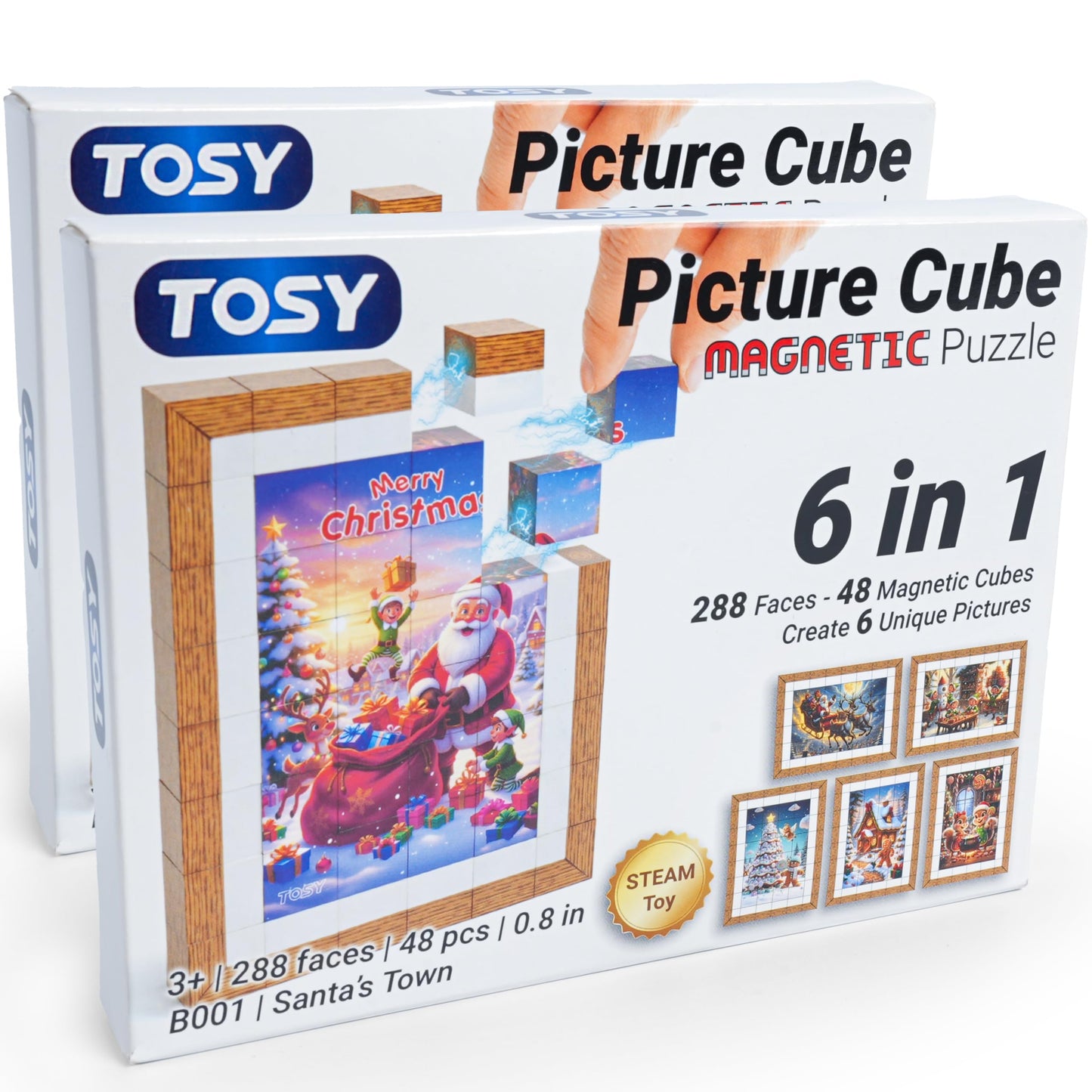 TOSY Picture Cube Santa’s Town: 6in1 Magnetic Picture Puzzle, 48 Blocks, 288 Faces/Magnets, 0.8 in, B001, Seamless UV Art, Display-Ready Frame, Collectible, STEM Gift for Kids & Adults, 2-Pack
