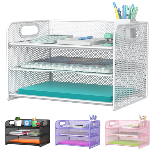 Samstar 3 Tier White Letter Tray Paper Organizer with Handle, Mesh Desk Organizer Paper Sorter File Rack Shelves, White