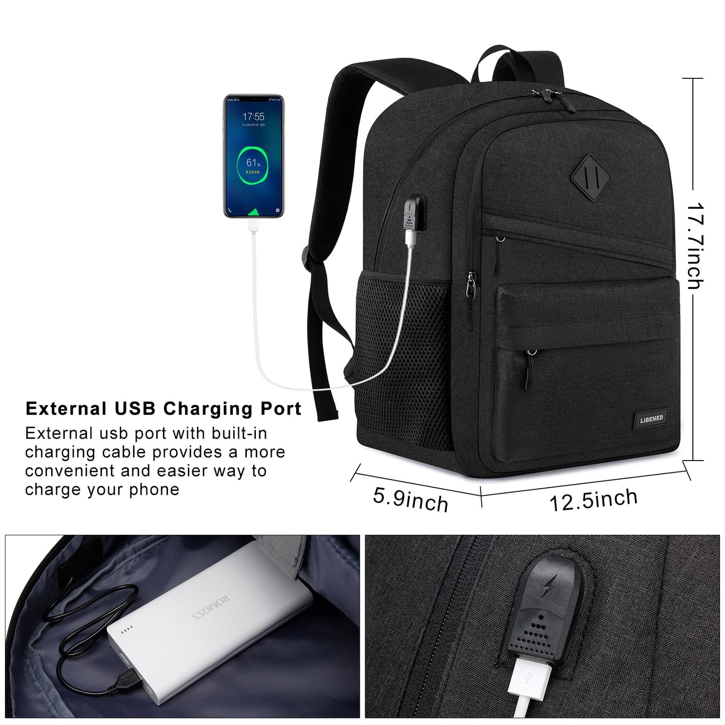 LIBENED School Backpack for Teens Boys, 15.6 Inch Laptop Backpack with USB Charging Port & Water Resistant Design, College High School Book Bag for Students, Black