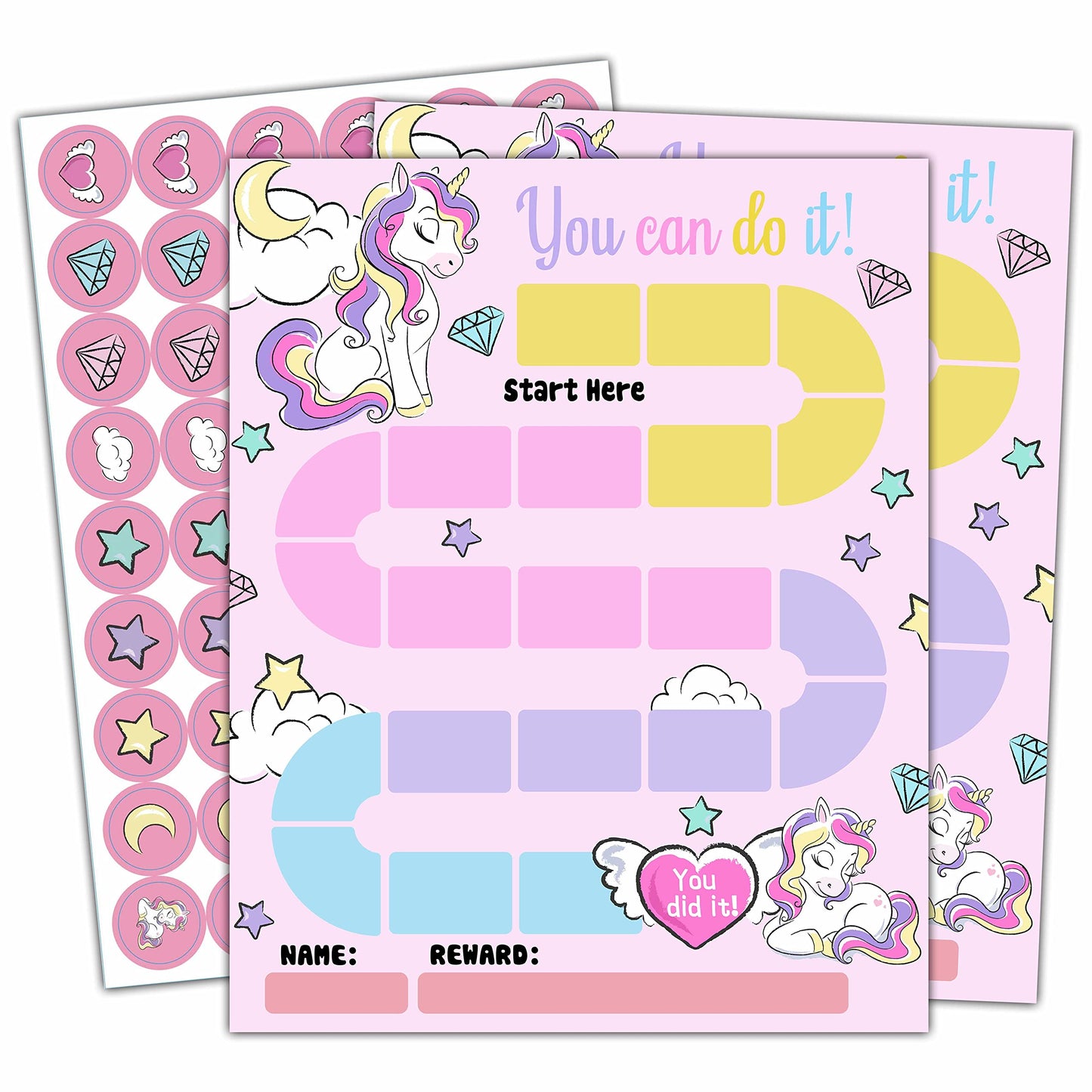20 Unicorn Reward Chart with 432 Round Stickers, Incentive Behavior Chart for Kids at Home Classroom, Kids Routine Daily Chore Sticker Chart-B21