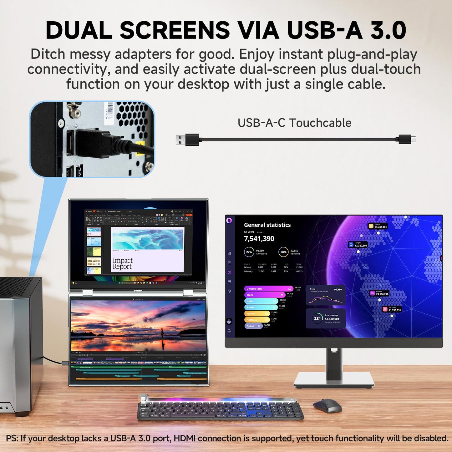 Biakknoe U16 Pro 16" Dual Portable Monitor Touchscreen, 1200P FHD Laptop Screen Extender with USB-A&C/HDMI, Foldable Travel Monitor for Laptop/Mac/PC/Windows, Single-Cable Dual Display, VESA Mountable