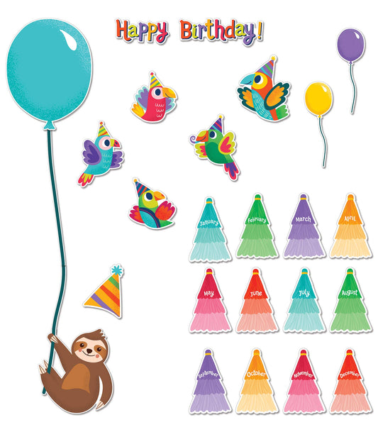 Carson Dellosa One World 28 pc Bundle of Birthday Decor, Colorful Parrots, Party Hats, Tassels, Balloon Cutouts and More for Bulletin Board and Classroom Decorations