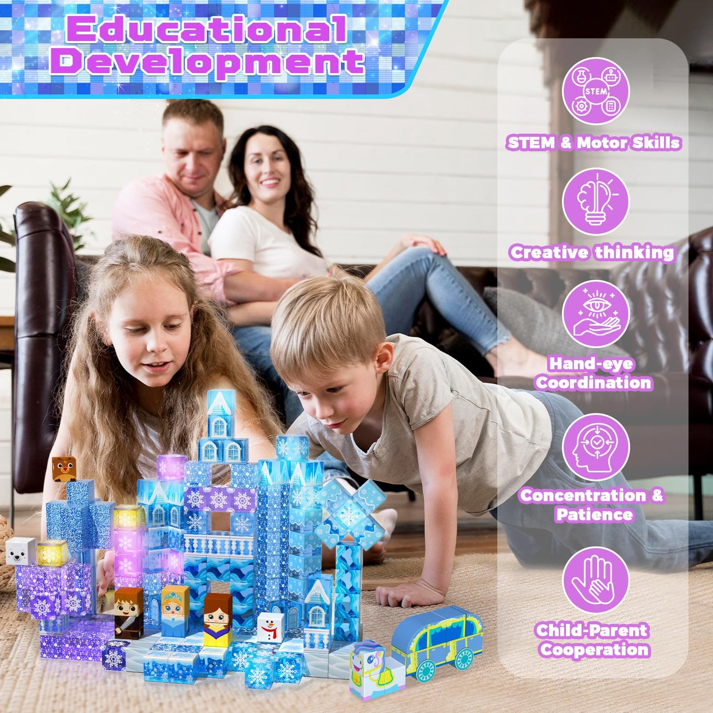 200 PCS Magnetic Blocks with Light Up Blocks - Transparent Magnetic Building Block for Kids Age 3+, Magnet Cubes Blue Castle, Magnets Toys Easter Birthday Gift for Boys Girls 4 5 6 7 8 9 10 11 12+