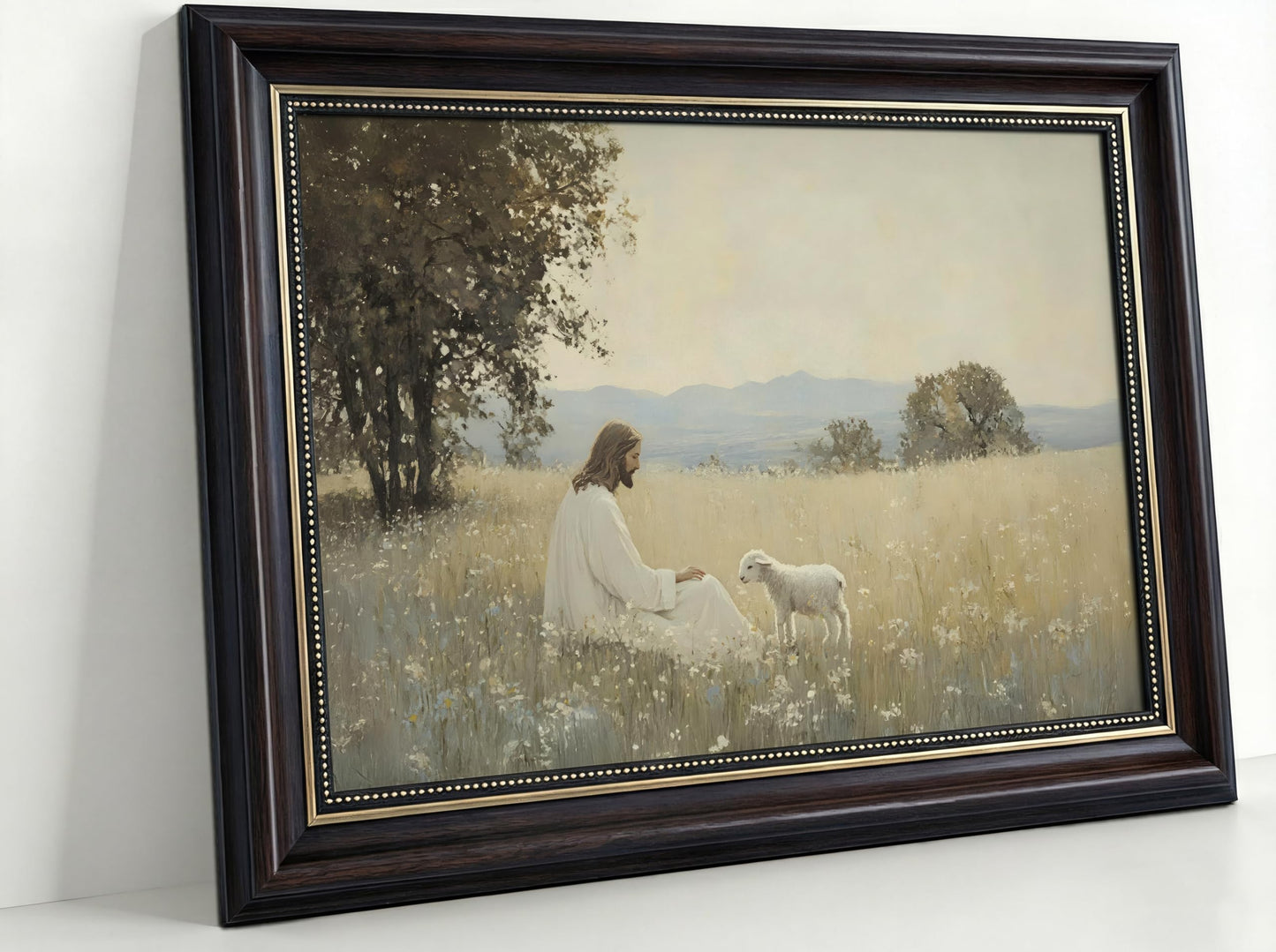 Dark Brown Framed Jesus And The Lamb Canvas Wall Art Jesus Leaves The 99 Sheep Wall Decor Picture Christian Bible Stories Poster Print Artwork for Church Living Room Bedroom Decoration