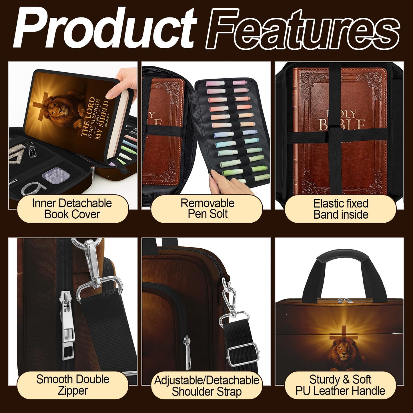 IBOVODI Lion Cross Bible Cover Case for Mens, Large Bible Carrying Book Case Church Bag with Strap & Handle Zipper Pocket, Bible Study Supplies Journaling Kit, Highlighters Tabs Pens Cross Clips
