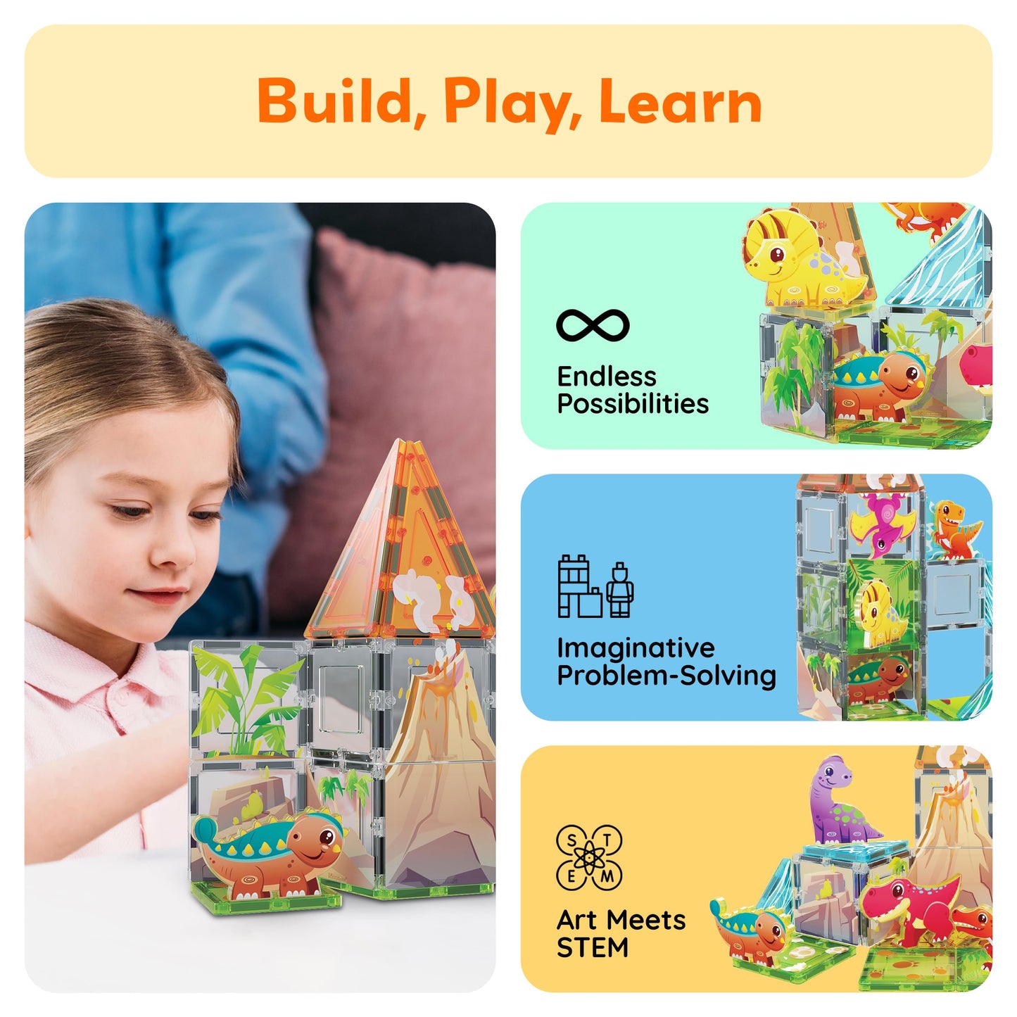 PicassoTiles Magnet Tiles Building Blocks Dinosaur Theme Set with 8 Magnetized Action Figures Magnetic Construction Build and Play Toy with Magnets STEM Learning Activities for Toddlers 3+ PTQ13