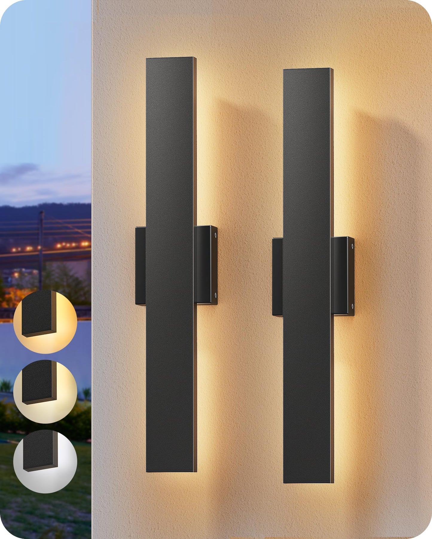 EDISHINE LED Outdoor Wall Lights 2 Pack Dimmable 3000K 4000K 5000K 15.7in Black Modern Sconce IP65 Waterproof