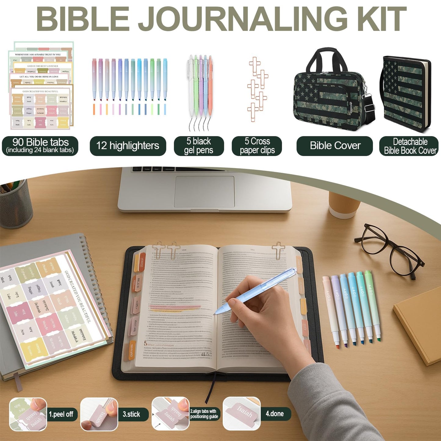 IBOVODI American Flag Caom Bible Cover Case for Men Boys, Large Kids Tactical Bible Carrying Book Case Church Bag, Bible Study Supplies Journaling Kit, Highlighters,Pens Cross Clips, Christian Gifts