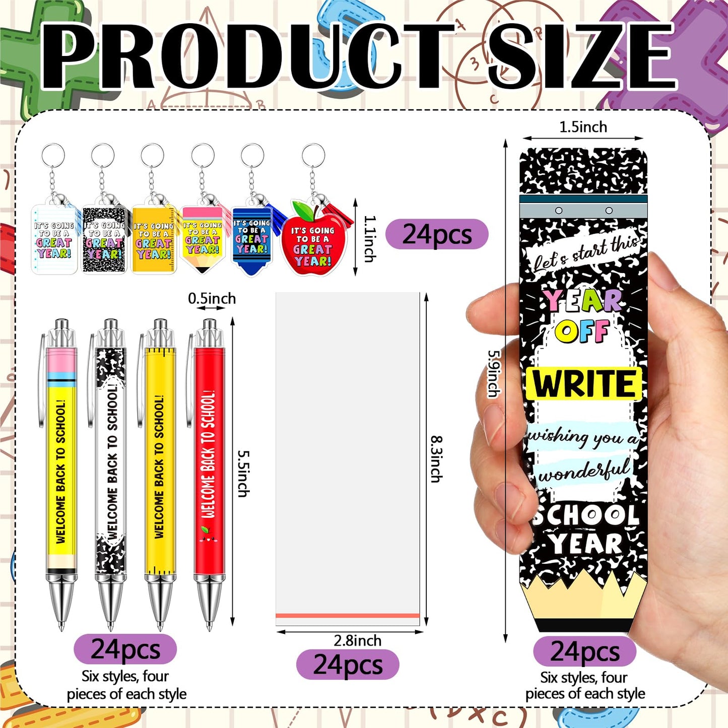 Tenceur 30 Set Bulk Back to School Gifts for Students Ballpoint Pens Keychains and Cards Set First Day of School Gifts Supplies for Teacher Classroom Rewards Party Favors