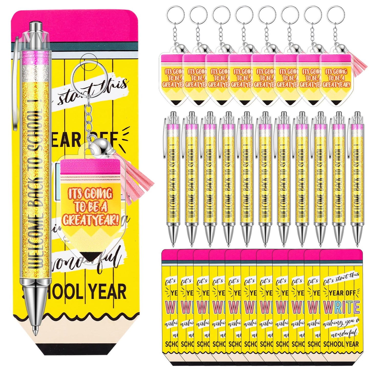 Tenceur 30 Set Bulk Back to School Gifts for Students Pencil Themed Ballpoint Pens Keychains and Cards Set First Day of School Gifts Supplies for Teacher Classroom Rewards Party Favors