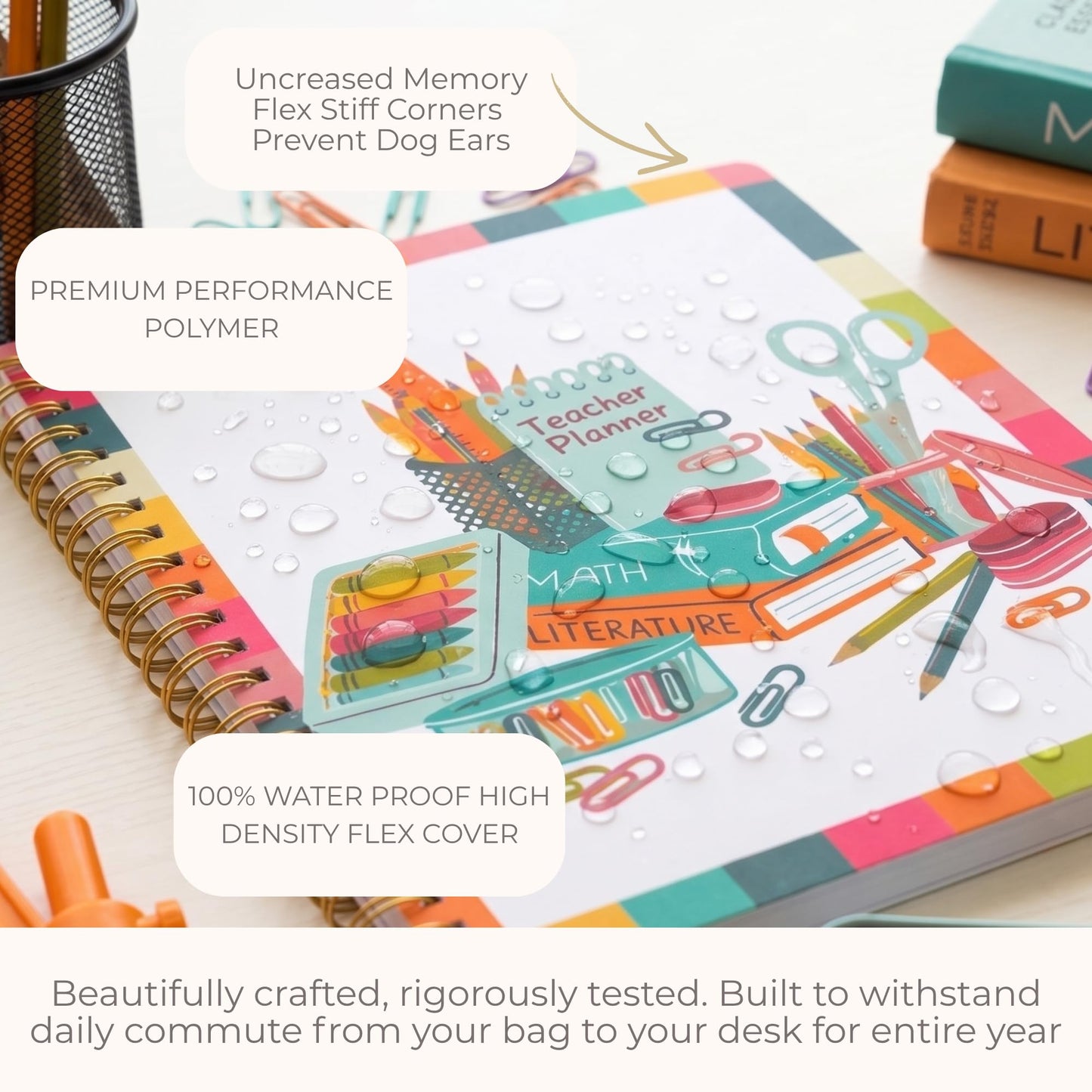 Undated Teacher Planner 8.5 x 11-12 Months & 52 Weeks | Colorful School Supplies Cover | Monthly & Weekly Lesson Plan Book with Stickers, Storage Pocket & Snap-In Bookmark | Classroom Organizer