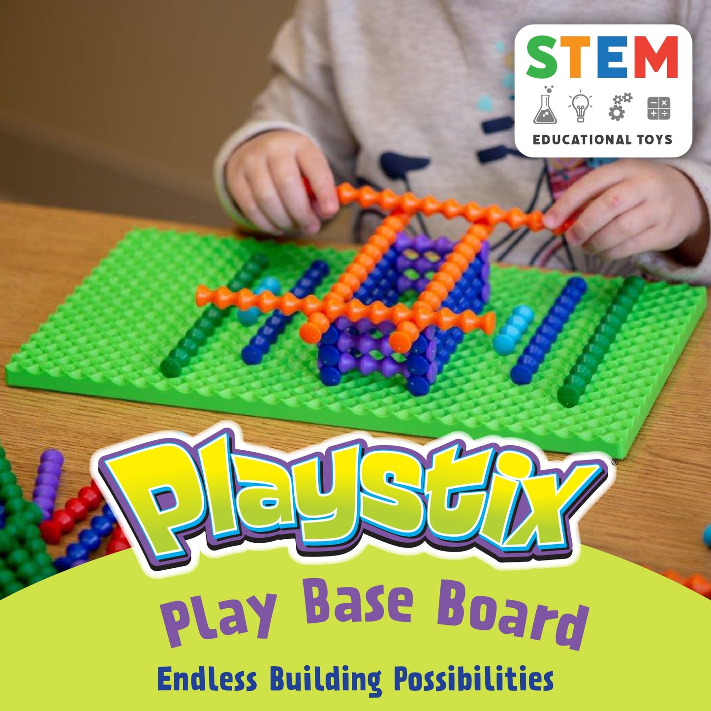 Popular Playthings Playstix Construction Toy Set with Building Sticks for STEM and Classroom Use, for Kids Ages 4 and Up - Green Building Base