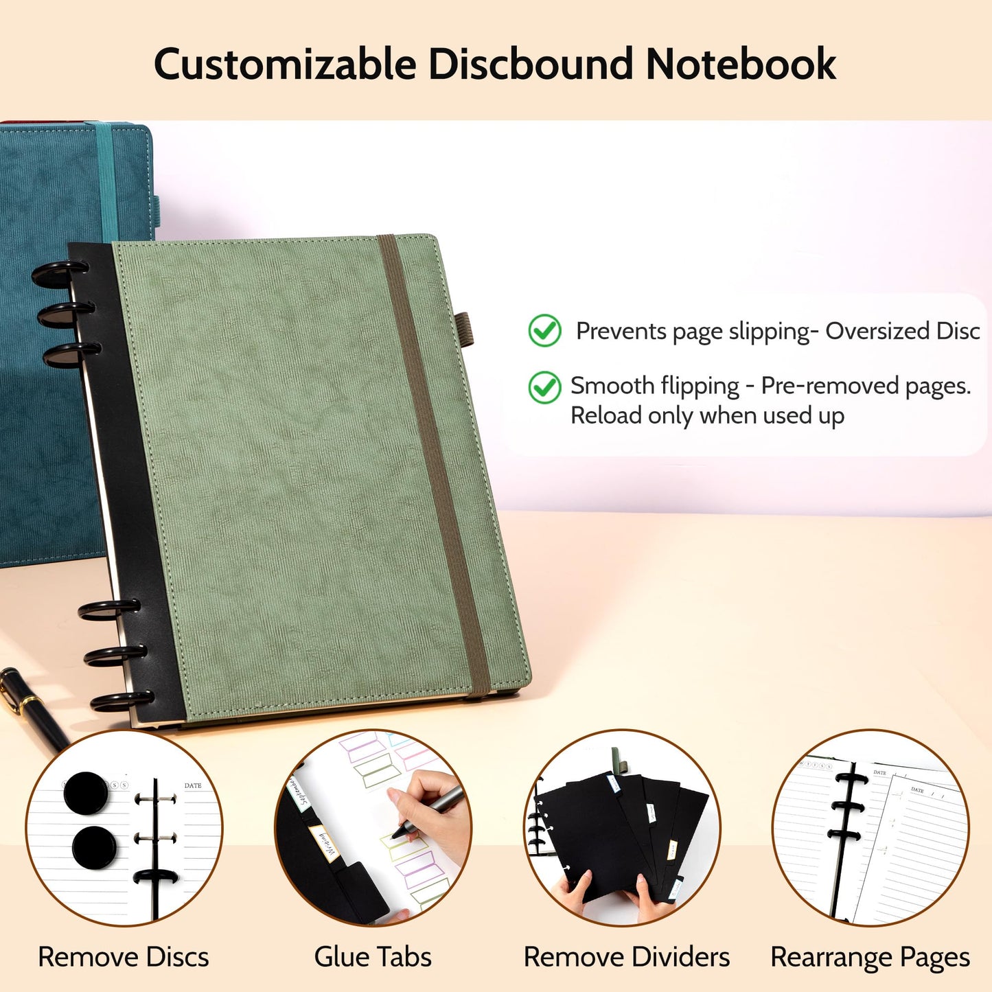 Yoment Refillable Notebooks for Work 5 Subject with Removable Dividers Tabs 240 Pages Hardcover Leather Journals for Writing Large Discbound Planner Colleged Ruled Paper for Women Men 8.58 x 11,Green