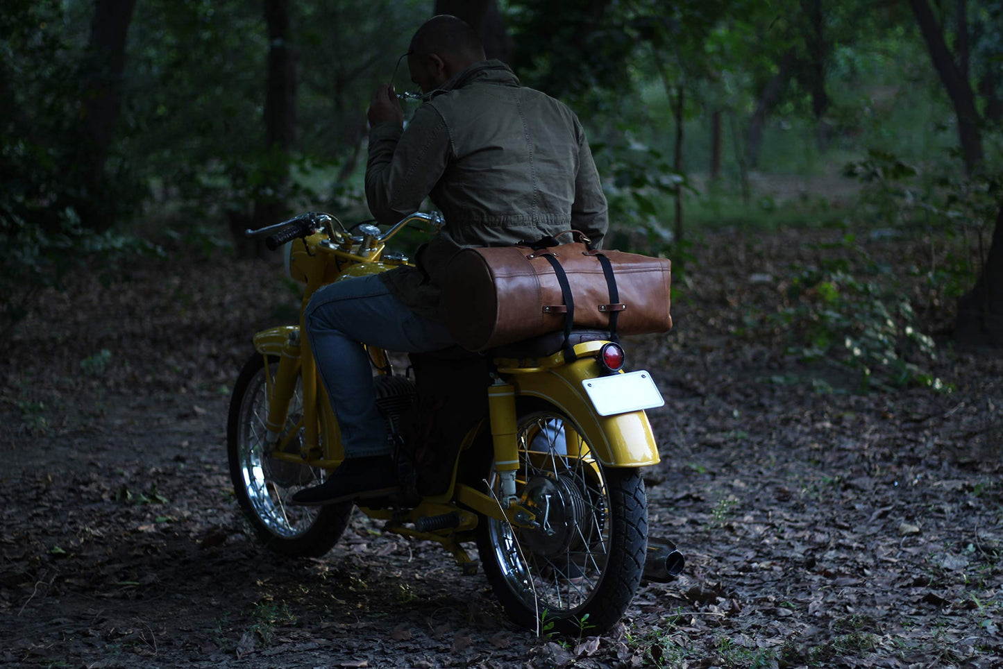 Trip Machine Company Full Grain Leather Military Inspired Motorcycle Duffel Bag 24L Saddlebag Weekender with Shoulder Strap, Mounting Straps & Rain Cover (Vintage Tan)
