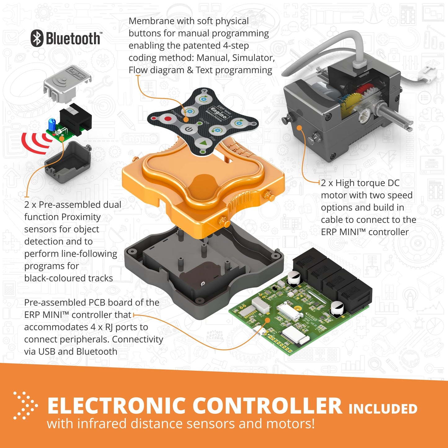 Engino Coding Lab: ERP Mini Robotics, Programmable STEM Robot for Kids Ages 9+, Coding Project, Gift for Boys & Girls, STEM Learning Toy with 2 Sensors, 2 Motors & Programming Software