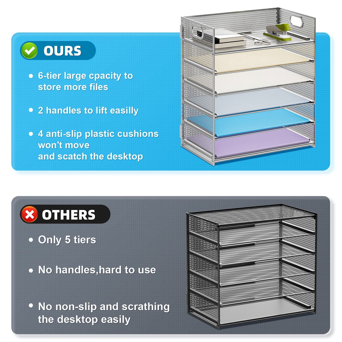 Marbrasse Paper Letter Tray - 6 Tier Mesh File Organizer with Handle, Paper Sorter for Letter/A4 Office File Folder Holder - Silver