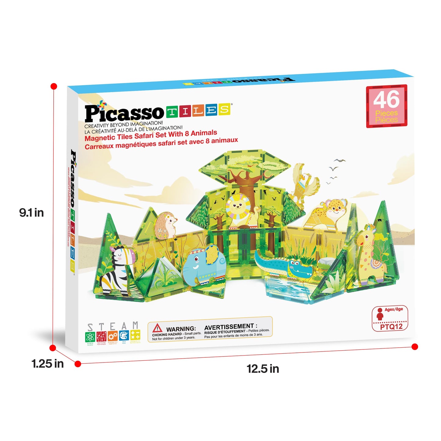 PicassoTiles Magnet Tile Building Block Safari Themed Set with 8 Compatible Magnetized Animal Action Figures Build Blocks Toddler Creativity Toys STEAM Educational Learning Skills Ages 3+ PTQ12