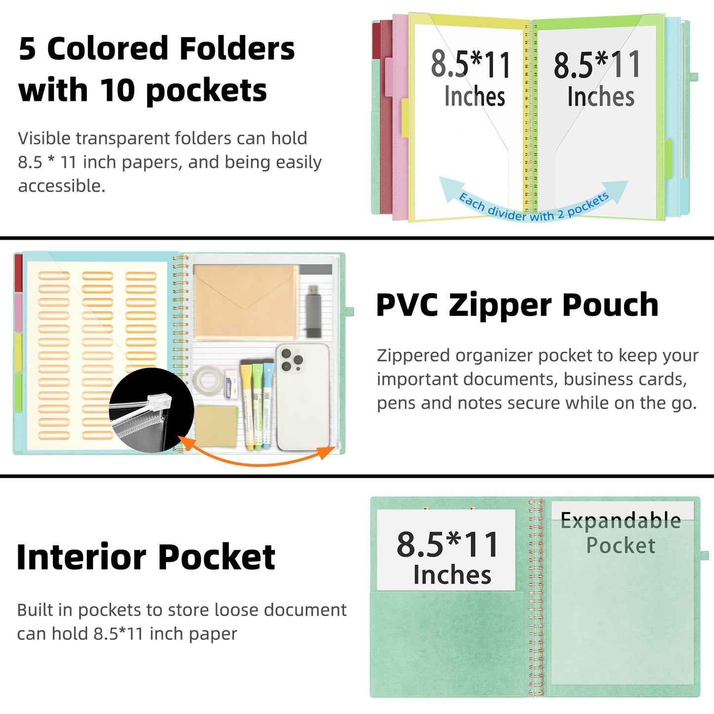 Ospelelf Leather Clipboard Folders with with Storage Zipper Pouch, Spiral Clipboard Folio with Notepad for Letter Size, 5 Folders with 10 Pockets, 39 Divider Label Stickers (Light Green)