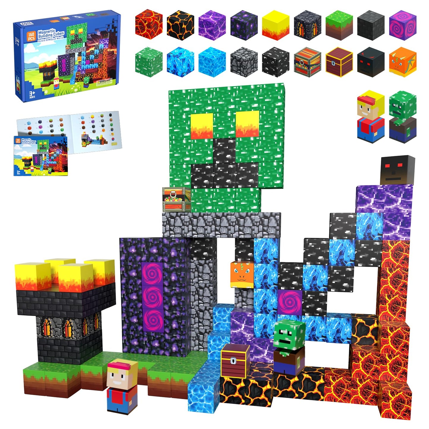 160PCS Magnetic Blocks, Magnet Building Cube, Build 3D Volcano Adventure Set, Montessori Sensory Toys for Kids Ages 3+, Preschool STEM Educational Toys, Christmas Birthday Gifts for Boys & Girls