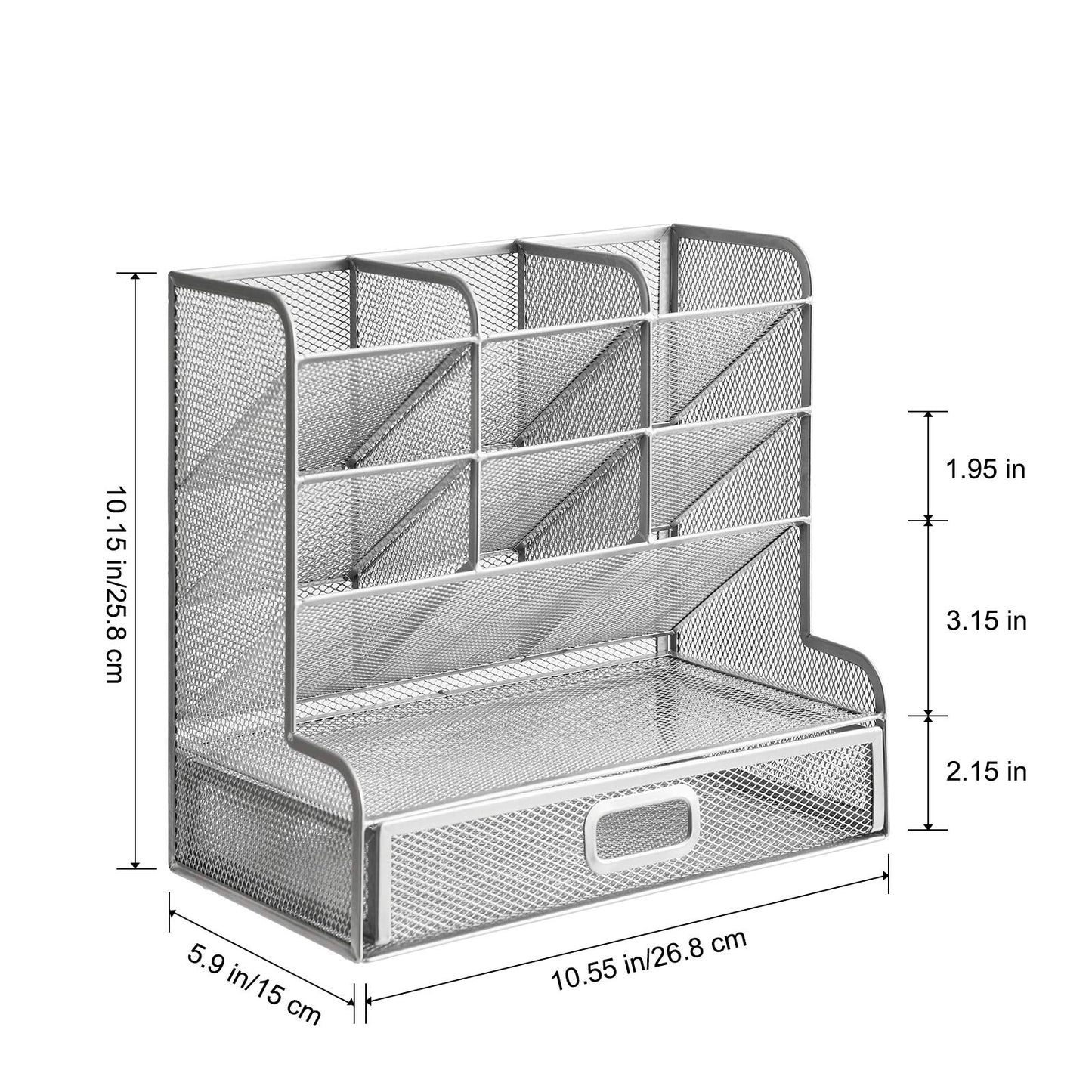 Marbrasse Larger Mesh Desk Organizer with Drawer, Multi-Functional Pen Pencil Holder, Desk Organizers and Accessories for Office Art Supplies (Silver Mesh Pen Holder with Drawer)