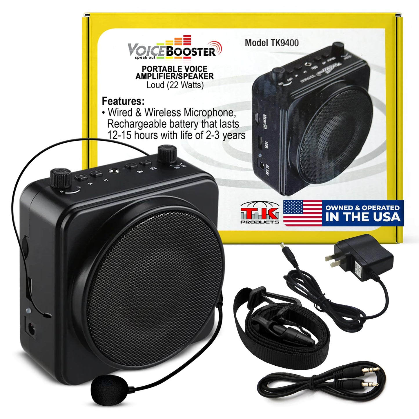 VoiceBooster Portable Voice Amplifier for Teachers - 22W Rechargeable Speaker - Wired & Wireless Microphone Headset for Classroom, Tour Guide, Public Speaking, Built-in MP3 Player & FM Radio - TK9400