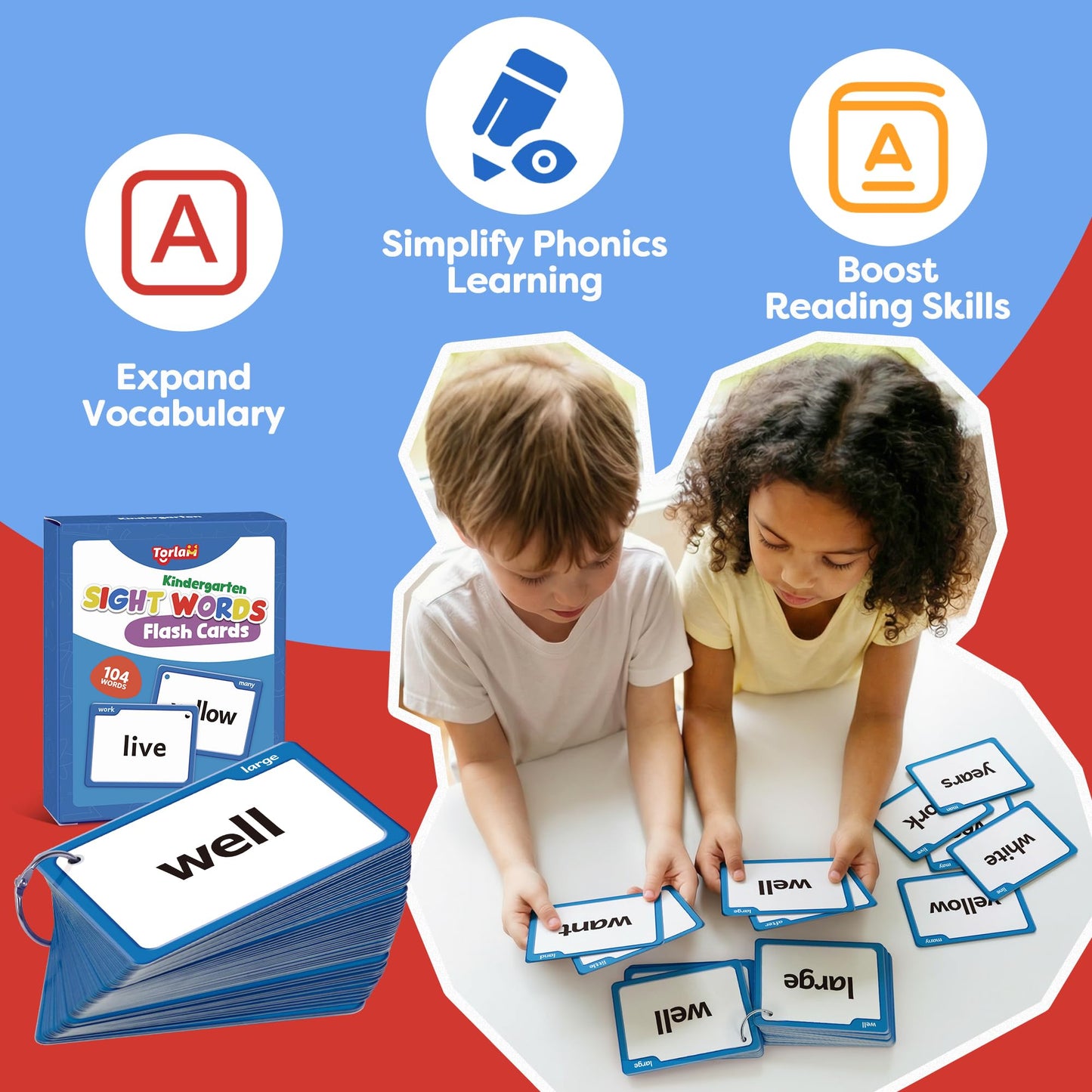 Torlam Sight Words Flash Cards for Kids Kindergarten,Learn to Read Digraphs CVC Blends Long Vowel Sounds Spelling Reading Phonics Games for 4-6 Years, Site Words Classroom Homeschool