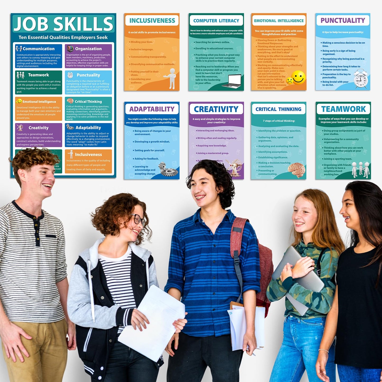 11Pcs Job Skills Posters Educational Bulletin Board Set for Classroom Decorations Essential Qualities Employers Seek Posters for College High school Library Home Reading Corner Wall Decors Supplies