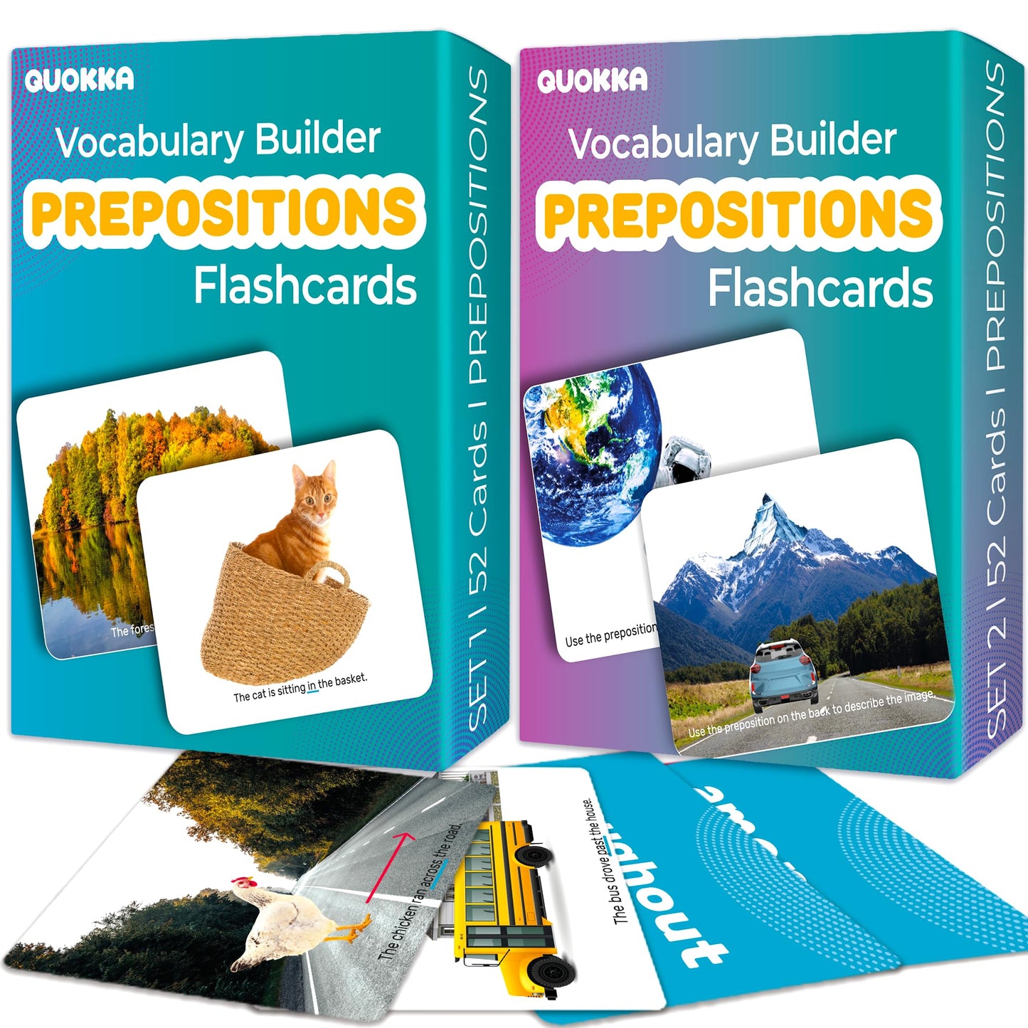 QUOKKA 104 Prepositions Flash Cards with Realistic Images for Pre-K Kindergarten - Perfect for Teachers, Parents, Speech Development Activities - Words&Sentences Vocabulary Builder for Kids Adults