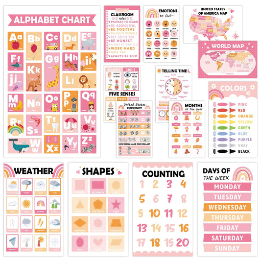 FYSUIMU 14Pcs Educational Posters Set Includes Colors Shapes Counting Telling Time & More Learning Wall Charts for Kindergarten Preschool Homeschool Classroom Decor